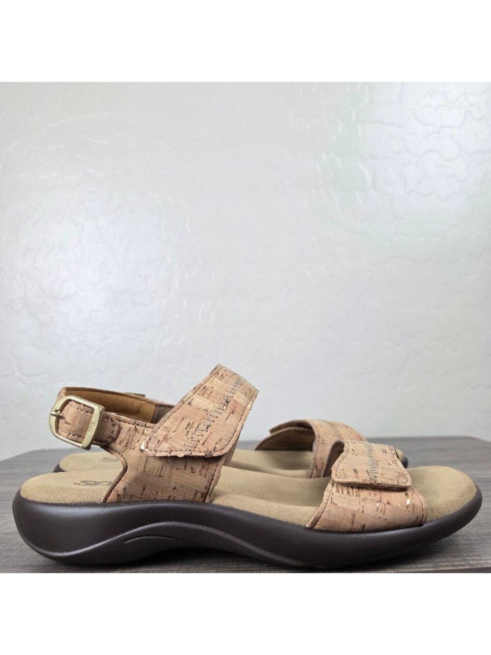 SAS Nudu Golden Cork Heel Strap Sandals Women's 7 Wide Adjustable Straps Comfort